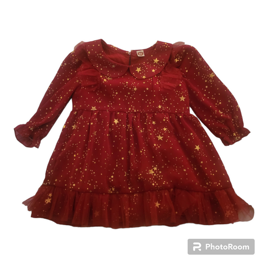 Red toddler dress with gold stars.
